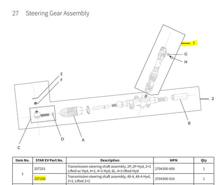 Lower Steering Shaft- Long for STAR Classic & Sport 4P Golf Carts 2008+ - 3 Guys Golf Carts