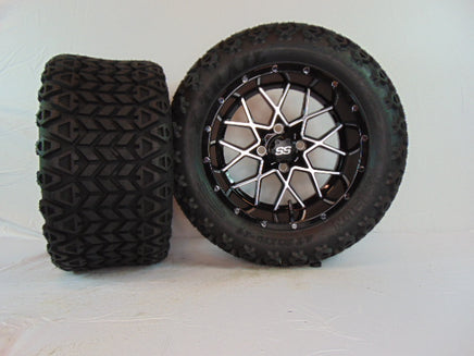 14" "VORTEX" BLACK AND CHROME CUSTOM SET OF WHEELS AND ALL-TERRAIN TIRES(4) - 3 Guys Golf Carts