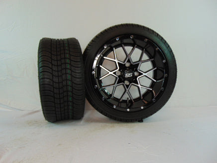 14" "VORTEX" BLACK AND CHROME CUSTOM SET OF WHEELS AND STREET TIRES(4) - 3 Guys Golf Carts