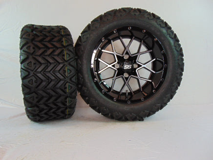 14" "VORTEX" BLACK AND CHROME CUSTOM SET OF WHEELS AND ALL-TERRAIN TIRES(4) - 3 Guys Golf Carts