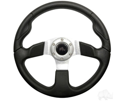 Golf Cart Steering Wheel- Formula GT Black Grip/ Brushed Aluminum Spokes - 3 Guys Golf Carts