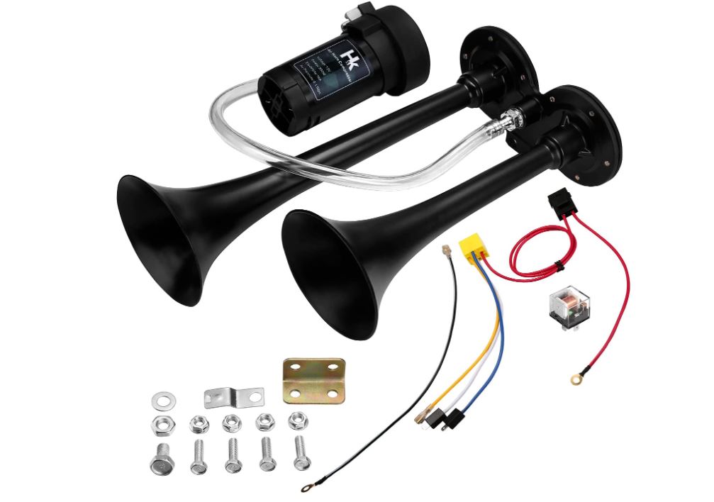 Super Loud 150db Dual Trumpet Air Horn Kit with Compressor for Any 12V  Vehicles Trucks Lorrys Golf Carts Trains Boats Cars Vans Kit (Black)